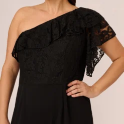 Adrianna Papell Plus Size One Shoulder Crepe Jumpsuit With Lace Ruffle Details In Black 8 Adrianna Papell Plus Size One Shoulder Crepe Jumpsuit With Lace Ruffle Details In Black -Glam Mirth Sales AP1D105049 AA002 Plus Detail
