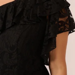 Adrianna Papell Plus Size One Shoulder Crepe Jumpsuit With Lace Ruffle Details In Black 10 Adrianna Papell Plus Size One Shoulder Crepe Jumpsuit With Lace Ruffle Details In Black -Glam Mirth Sales AP1D105049 AA002 Plus Lifestyle