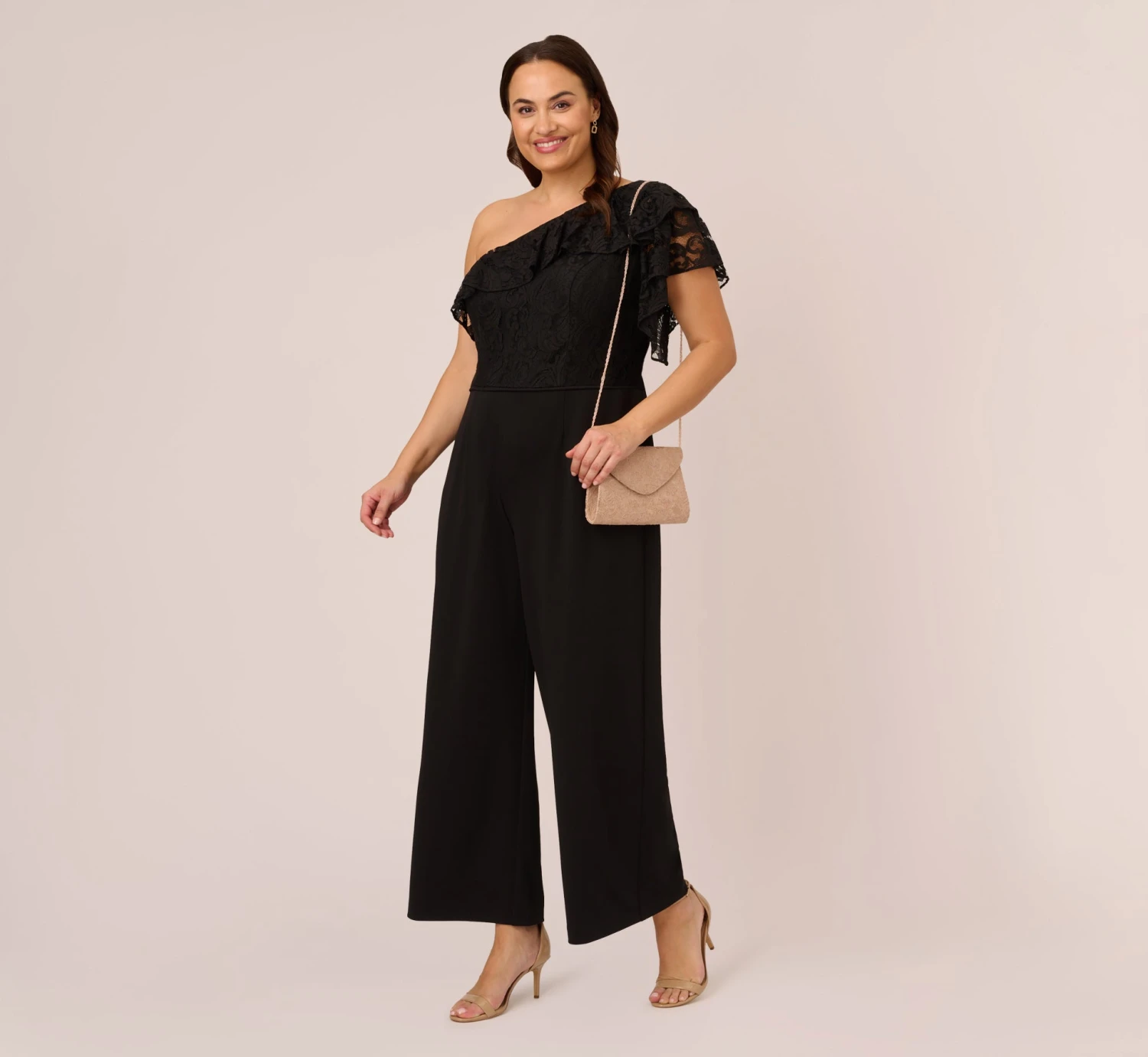 Adrianna Papell Plus Size One Shoulder Crepe Jumpsuit With Lace Ruffle Details In Black 2 Adrianna Papell Plus Size One Shoulder Crepe Jumpsuit With Lace Ruffle Details In Black - Image 2