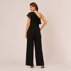 Adrianna Papell One Shoulder Crepe Jumpsuit With Lace Ruffle Details In Black 9 Adrianna Papell One Shoulder Crepe Jumpsuit With Lace Ruffle Details In Black -Glam Mirth Sales AP1D105049 AA002 Regular Back