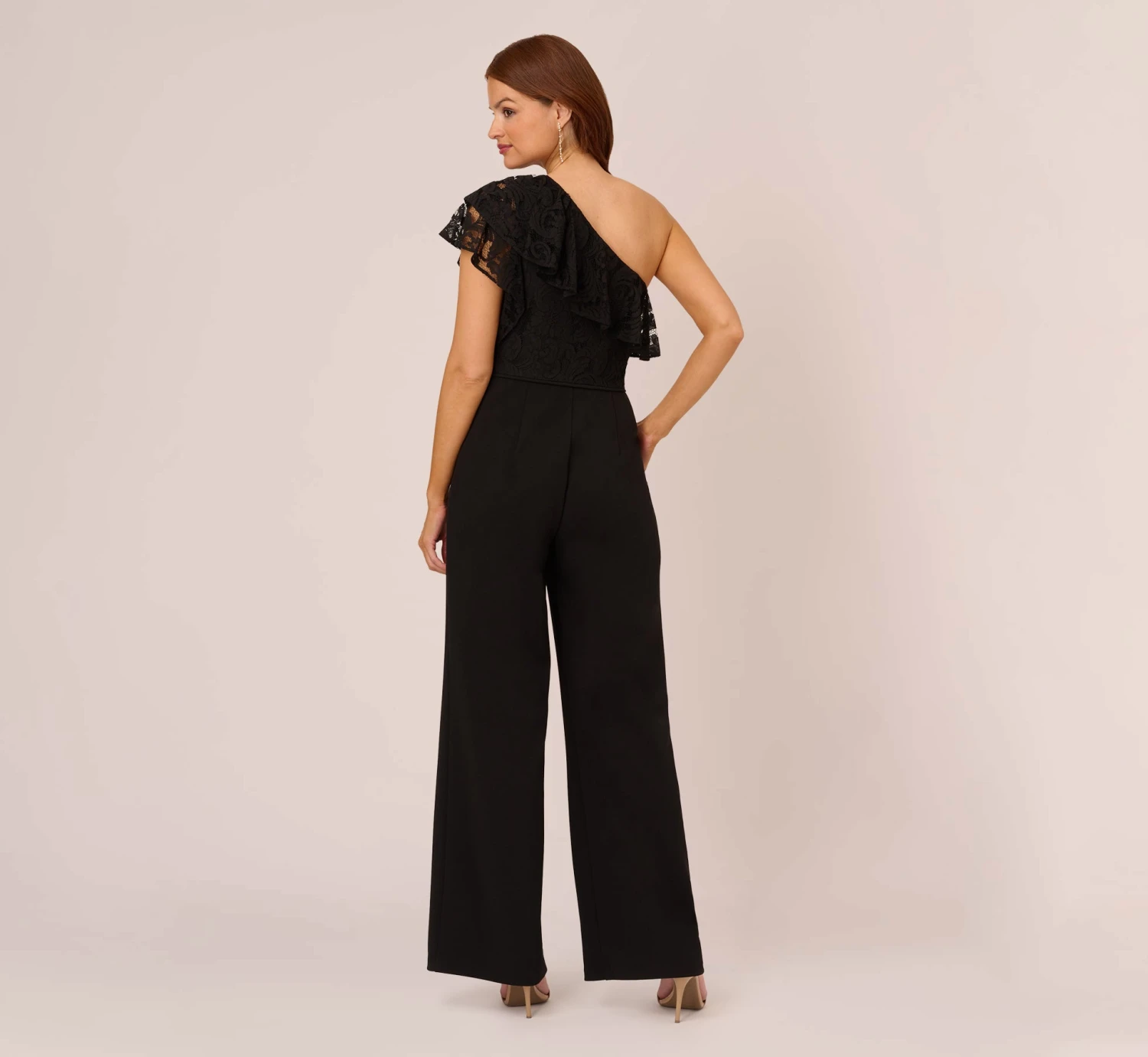 Adrianna Papell One Shoulder Crepe Jumpsuit With Lace Ruffle Details In Black 4 Adrianna Papell One Shoulder Crepe Jumpsuit With Lace Ruffle Details In Black - Image 4