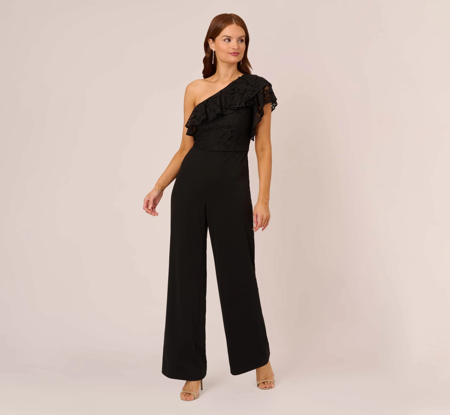 Adrianna Papell One Shoulder Crepe Jumpsuit With Lace Ruffle Details In Black 1 Adrianna Papell One Shoulder Crepe Jumpsuit With Lace Ruffle Details In Black