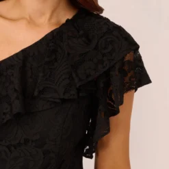 Adrianna Papell One Shoulder Crepe Jumpsuit With Lace Ruffle Details In Black 8 Adrianna Papell One Shoulder Crepe Jumpsuit With Lace Ruffle Details In Black -Glam Mirth Sales AP1D105049 AA002 Regular Detail