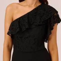 Adrianna Papell One Shoulder Crepe Jumpsuit With Lace Ruffle Details In Black 10 Adrianna Papell One Shoulder Crepe Jumpsuit With Lace Ruffle Details In Black -Glam Mirth Sales AP1D105049 AA002 Regular Lifestyle