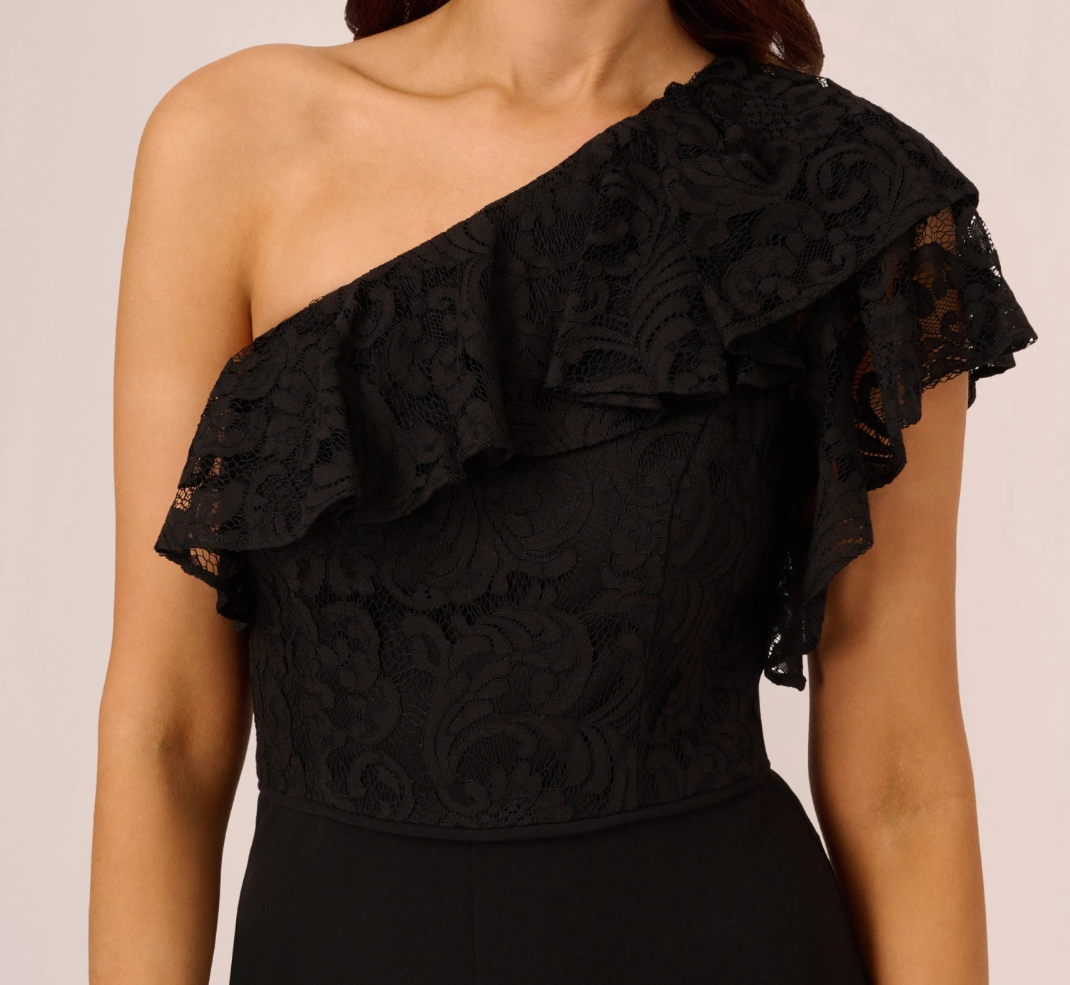 Adrianna Papell One Shoulder Crepe Jumpsuit With Lace Ruffle Details In Black 5 Adrianna Papell One Shoulder Crepe Jumpsuit With Lace Ruffle Details In Black - Image 5