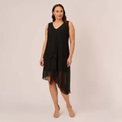 Adrianna Papell Plus Size Sleeveless Chiffon Dress With Cascading Details In Black