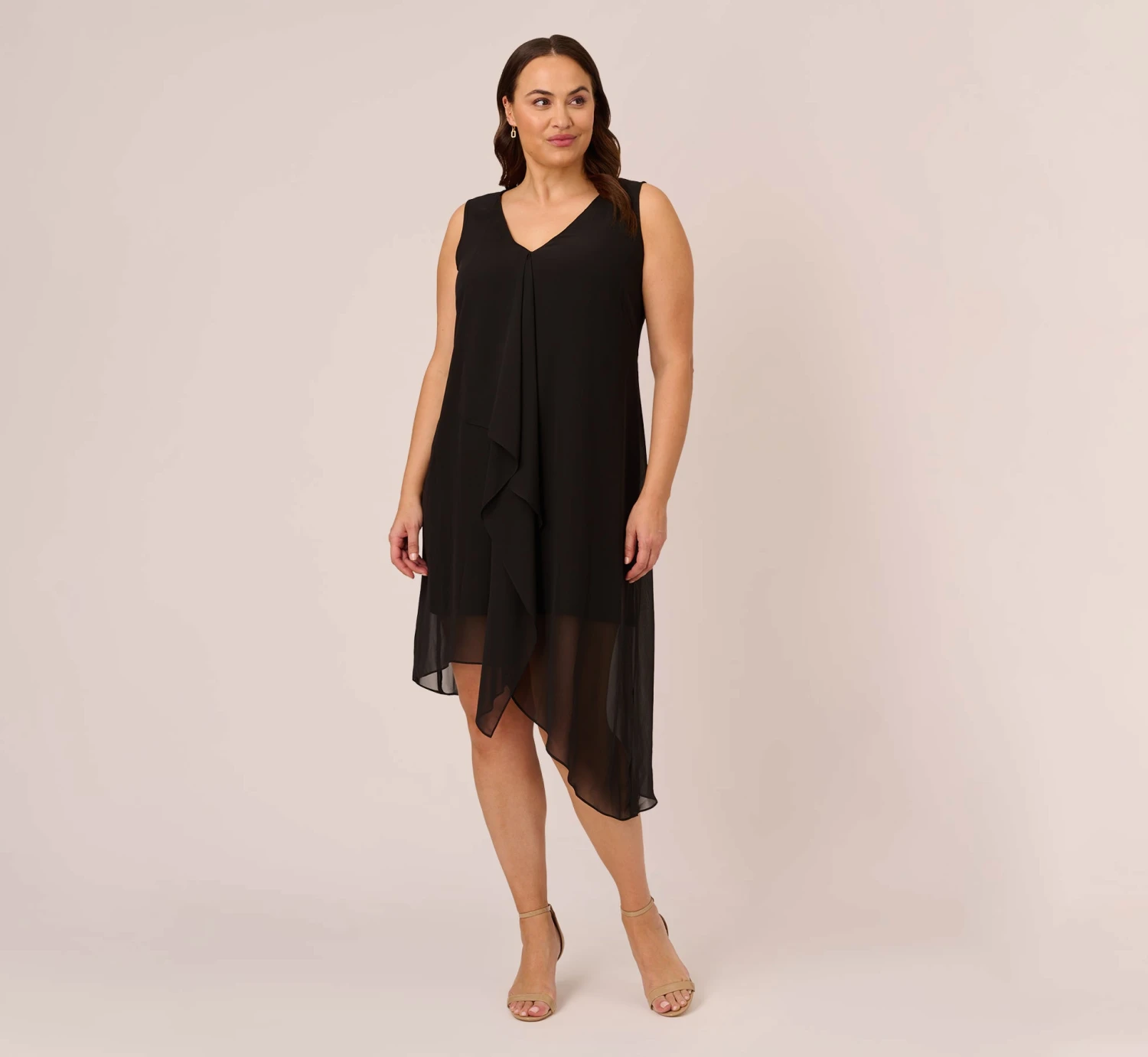 Adrianna Papell Plus Size Sleeveless Chiffon Dress With Cascading Details In Black 1 Adrianna Papell Plus Size Sleeveless Chiffon Dress With Cascading Details In Black