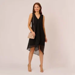 Adrianna Papell Sleeveless Chiffon Dress With Cascading Details In Black