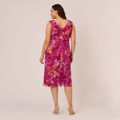 Adrianna Papell Plus Size Metallic Floral Chiffon Midi Dress With Ruffled Neckline In Raspberry Multi -Glam Mirth Sales AP1D105052 AJ521 Plus Back