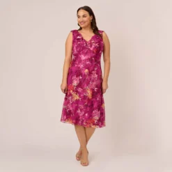 Adrianna Papell Plus Size Metallic Floral Chiffon Midi Dress With Ruffled Neckline In Raspberry Multi