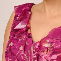 Adrianna Papell Plus Size Metallic Floral Chiffon Midi Dress With Ruffled Neckline In Raspberry Multi -Glam Mirth Sales AP1D105052 AJ521 Plus Detail