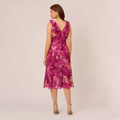 Adrianna Papell Metallic Floral Chiffon Midi Dress With Ruffled Neckline In Raspberry Multi -Glam Mirth Sales AP1D105052 AJ521 Regular Back
