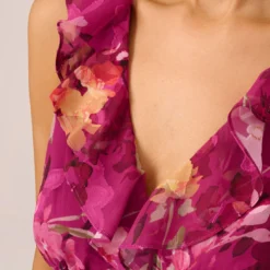 Adrianna Papell Metallic Floral Chiffon Midi Dress With Ruffled Neckline In Raspberry Multi -Glam Mirth Sales AP1D105052 AJ521 Regular Lifestyle