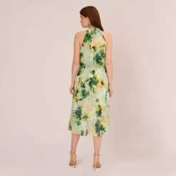 Adrianna Papell Floral Print Chiffon Halter Dress With Mock Neckline In Green Multi 9 Adrianna Papell Floral Print Chiffon Halter Dress With Mock Neckline In Green Multi -Glam Mirth Sales AP1D105053 AA390 Regular Back