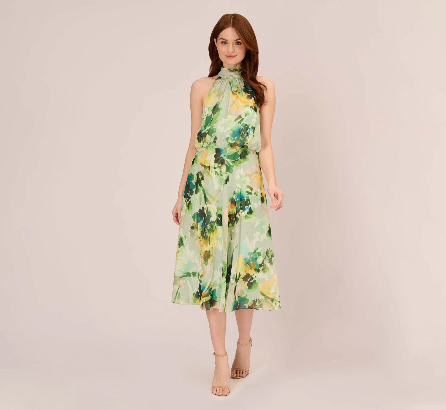 Adrianna Papell Floral Print Chiffon Halter Dress With Mock Neckline In Green Multi 1 Adrianna Papell Floral Print Chiffon Halter Dress With Mock Neckline In Green Multi