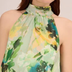 Adrianna Papell Floral Print Chiffon Halter Dress With Mock Neckline In Green Multi 12 Adrianna Papell Floral Print Chiffon Halter Dress With Mock Neckline In Green Multi -Glam Mirth Sales AP1D105053 AA390 Regular Detail