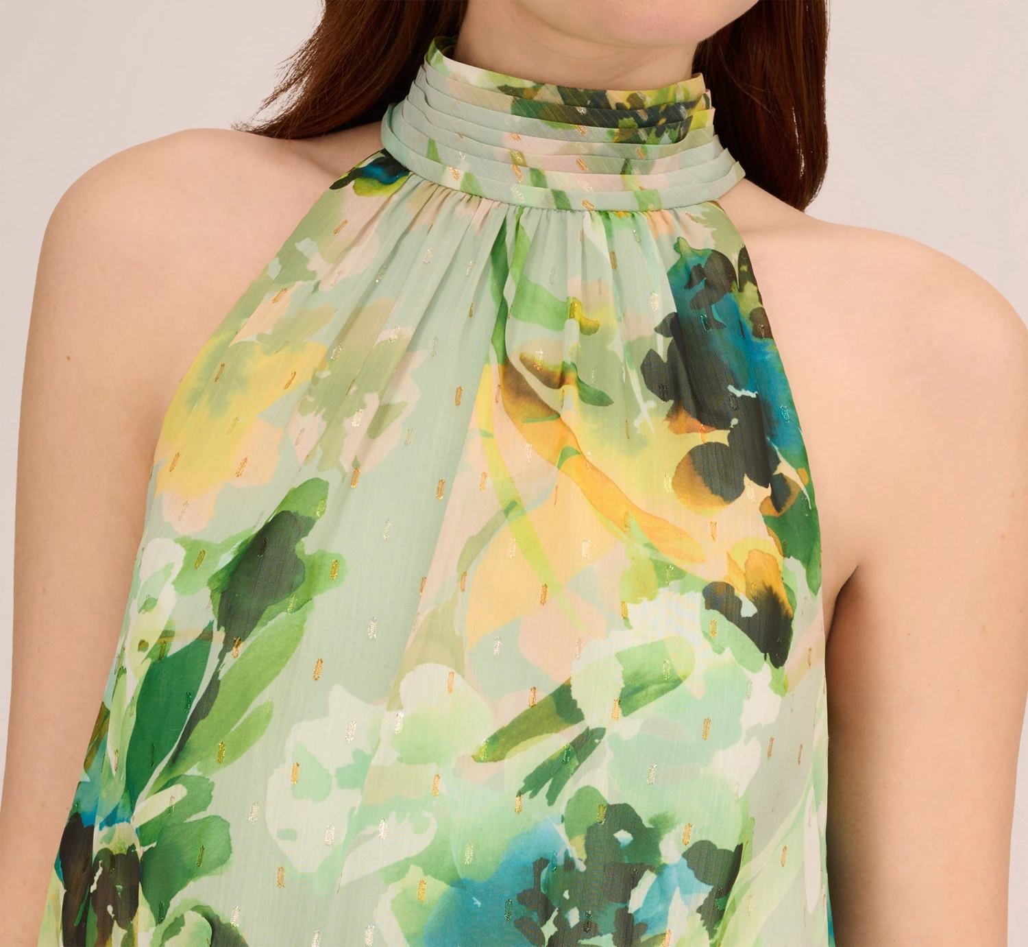 Adrianna Papell Floral Print Chiffon Halter Dress With Mock Neckline In Green Multi 6 Adrianna Papell Floral Print Chiffon Halter Dress With Mock Neckline In Green Multi - Image 6
