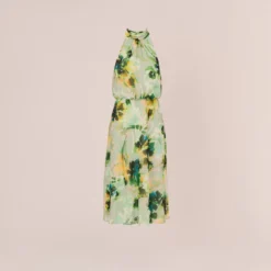 Adrianna Papell Floral Print Chiffon Halter Dress With Mock Neckline In Green Multi 11 Adrianna Papell Floral Print Chiffon Halter Dress With Mock Neckline In Green Multi -Glam Mirth Sales AP1D105053 AA390 Regular Flat