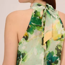 Adrianna Papell Floral Print Chiffon Halter Dress With Mock Neckline In Green Multi 13 Adrianna Papell Floral Print Chiffon Halter Dress With Mock Neckline In Green Multi -Glam Mirth Sales AP1D105053 AA390 Regular Lifestyle