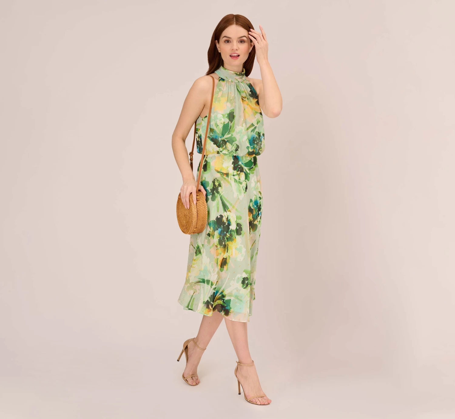 Adrianna Papell Floral Print Chiffon Halter Dress With Mock Neckline In Green Multi 2 Adrianna Papell Floral Print Chiffon Halter Dress With Mock Neckline In Green Multi - Image 2