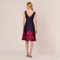 Adrianna Papell Jacquard Midi Dress With Metallic Floral Trim In Navy Pink Multi 10 Adrianna Papell Jacquard Midi Dress With Metallic Floral Trim In Navy Pink Multi -Glam Mirth Sales AP1D105054 DE980 Regular Back