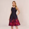 Adrianna Papell Jacquard Midi Dress With Metallic Floral Trim In Navy Pink Multi