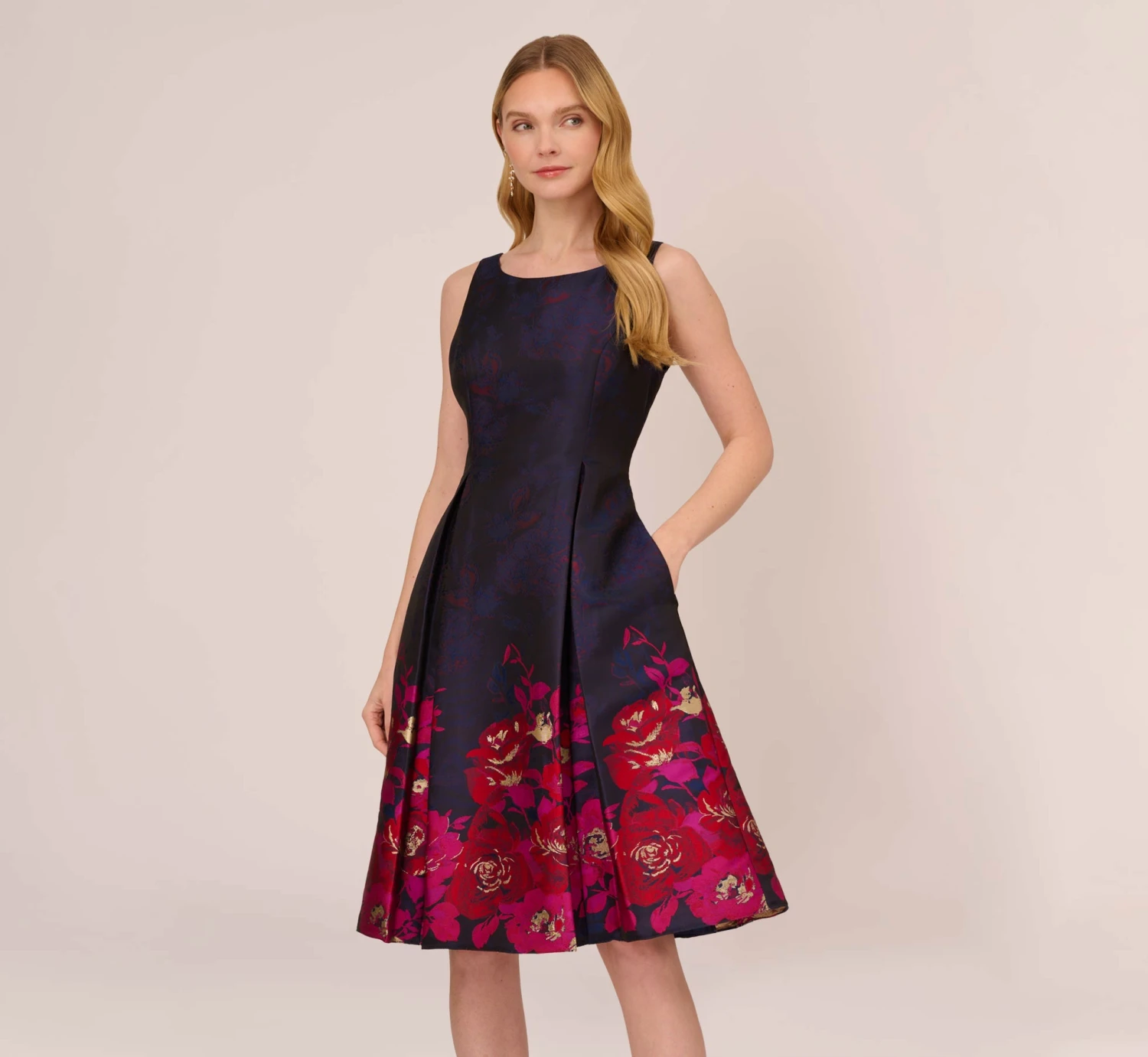Adrianna Papell Jacquard Midi Dress With Metallic Floral Trim In Navy Pink Multi 1 Adrianna Papell Jacquard Midi Dress With Metallic Floral Trim In Navy Pink Multi