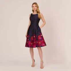 Adrianna Papell Jacquard Midi Dress With Metallic Floral Trim In Navy Pink Multi 14 Adrianna Papell Jacquard Midi Dress With Metallic Floral Trim In Navy Pink Multi -Glam Mirth Sales AP1D105054 DE980 Regular Front