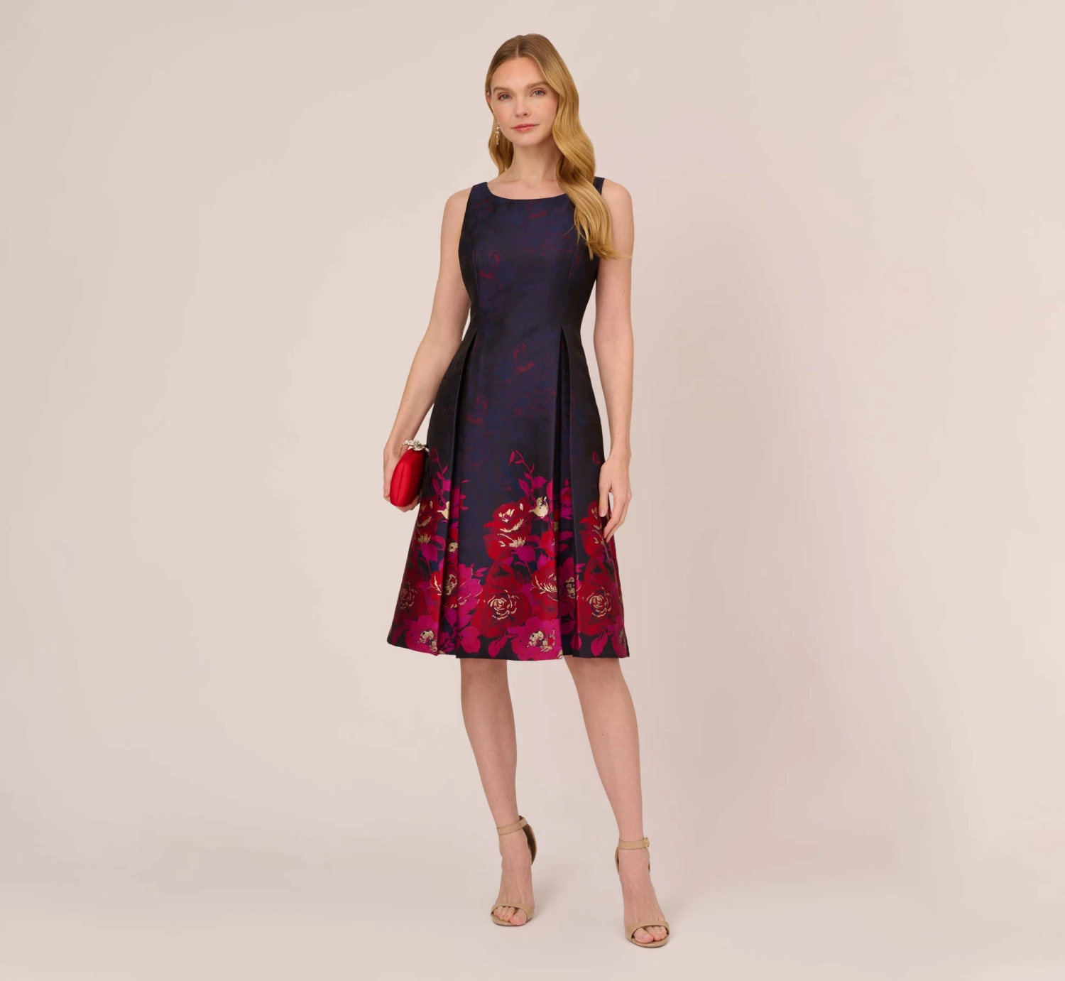 Adrianna Papell Jacquard Midi Dress With Metallic Floral Trim In Navy Pink Multi 2 Adrianna Papell Jacquard Midi Dress With Metallic Floral Trim In Navy Pink Multi - Image 2