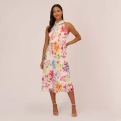 Adrianna Papell Multicolor Floral Chiffon Halter Dress In Ivory Multi