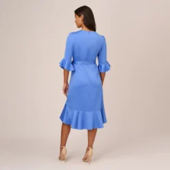 Adrianna Papell Satin Faux Wrap Dress With Ruffled Three-Quarter Sleeves In Precious Peri 12 Adrianna Papell Satin Faux Wrap Dress With Ruffled Three-Quarter Sleeves In Precious Peri -Glam Mirth Sales AP1D105057 AM492 Regular Back