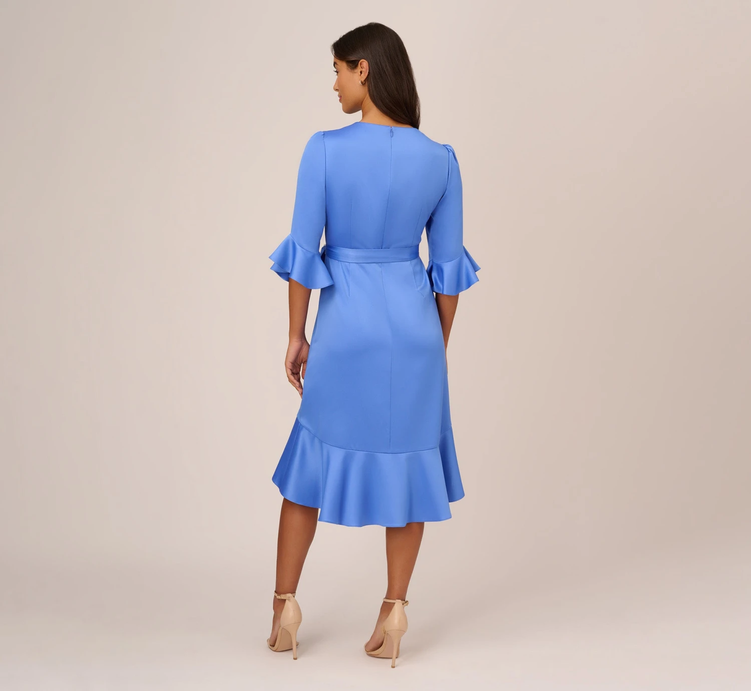 Adrianna Papell Satin Faux Wrap Dress With Ruffled Three-Quarter Sleeves In Precious Peri 4 Adrianna Papell Satin Faux Wrap Dress With Ruffled Three-Quarter Sleeves In Precious Peri - Image 4