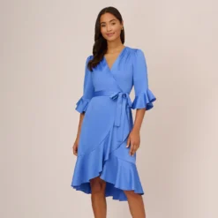Adrianna Papell Satin Faux Wrap Dress With Ruffled Three-Quarter Sleeves In Precious Peri