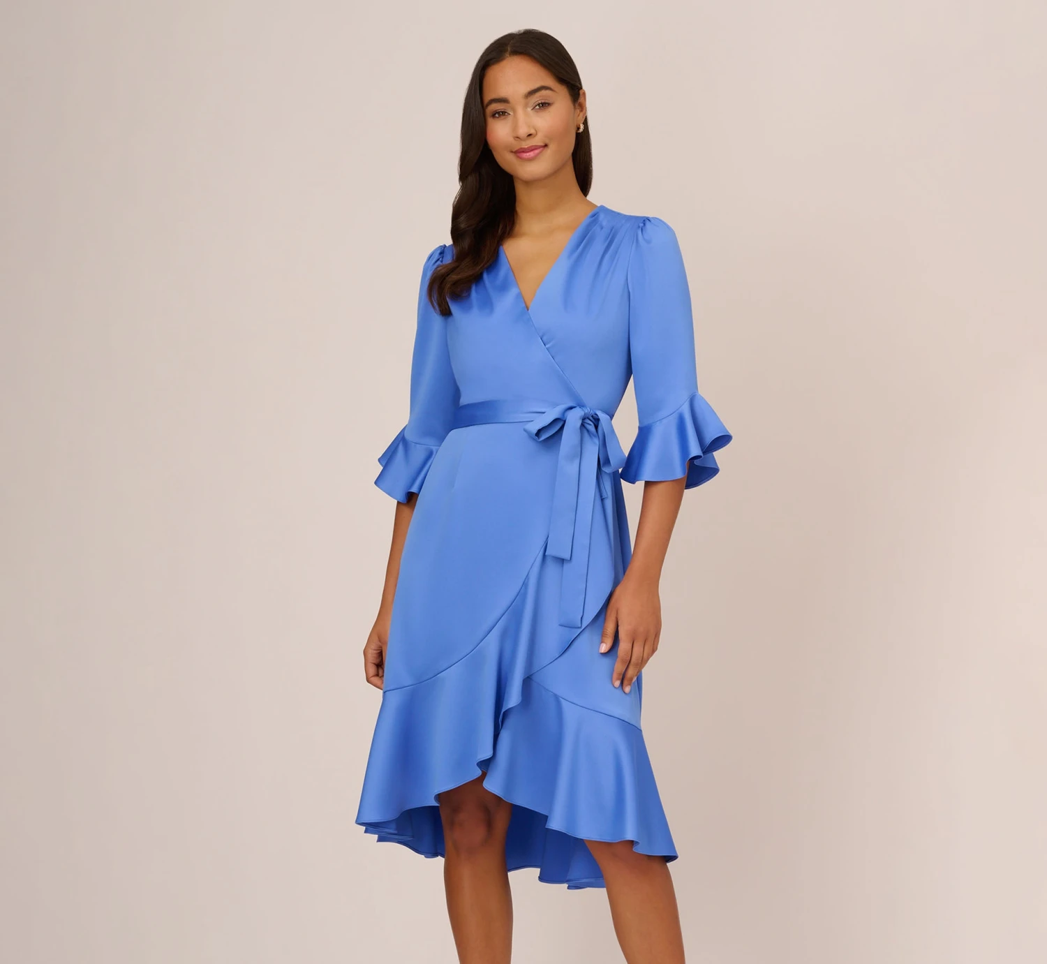 Adrianna Papell Satin Faux Wrap Dress With Ruffled Three-Quarter Sleeves In Precious Peri 7 Adrianna Papell Satin Faux Wrap Dress With Ruffled Three-Quarter Sleeves In Precious Peri - Image 7
