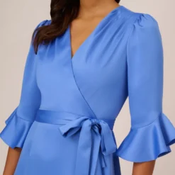 Adrianna Papell Satin Faux Wrap Dress With Ruffled Three-Quarter Sleeves In Precious Peri 13 Adrianna Papell Satin Faux Wrap Dress With Ruffled Three-Quarter Sleeves In Precious Peri -Glam Mirth Sales AP1D105057 AM492 Regular Detail