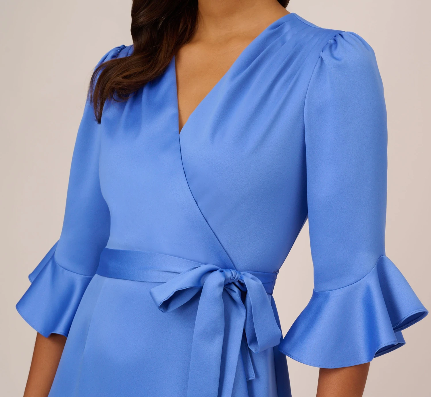 Adrianna Papell Satin Faux Wrap Dress With Ruffled Three-Quarter Sleeves In Precious Peri 5 Adrianna Papell Satin Faux Wrap Dress With Ruffled Three-Quarter Sleeves In Precious Peri - Image 5