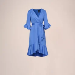 Adrianna Papell Satin Faux Wrap Dress With Ruffled Three-Quarter Sleeves In Precious Peri 17 Adrianna Papell Satin Faux Wrap Dress With Ruffled Three-Quarter Sleeves In Precious Peri -Glam Mirth Sales AP1D105057 AM492 Regular Flat