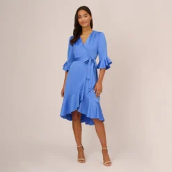 Adrianna Papell Satin Faux Wrap Dress With Ruffled Three-Quarter Sleeves In Precious Peri 16 Adrianna Papell Satin Faux Wrap Dress With Ruffled Three-Quarter Sleeves In Precious Peri -Glam Mirth Sales AP1D105057 AM492 Regular Front