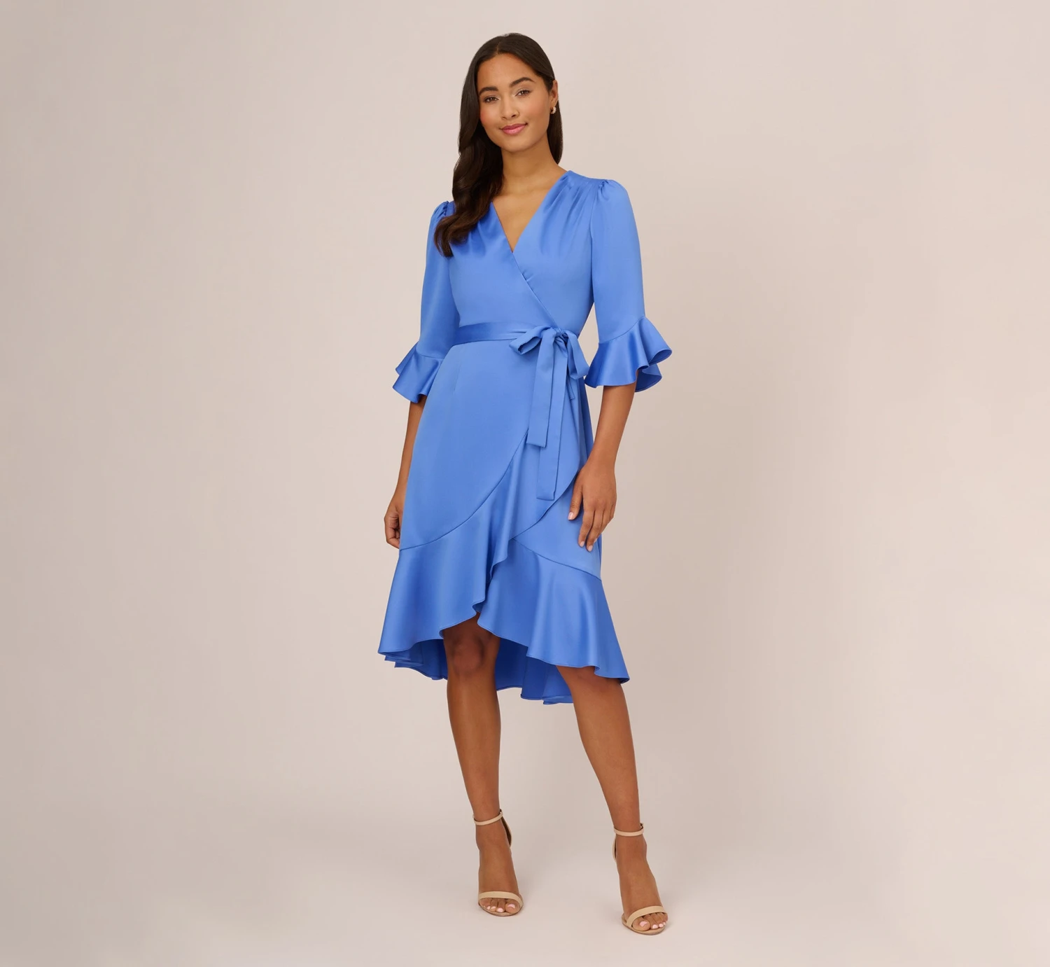 Adrianna Papell Satin Faux Wrap Dress With Ruffled Three-Quarter Sleeves In Precious Peri 8 Adrianna Papell Satin Faux Wrap Dress With Ruffled Three-Quarter Sleeves In Precious Peri - Image 8