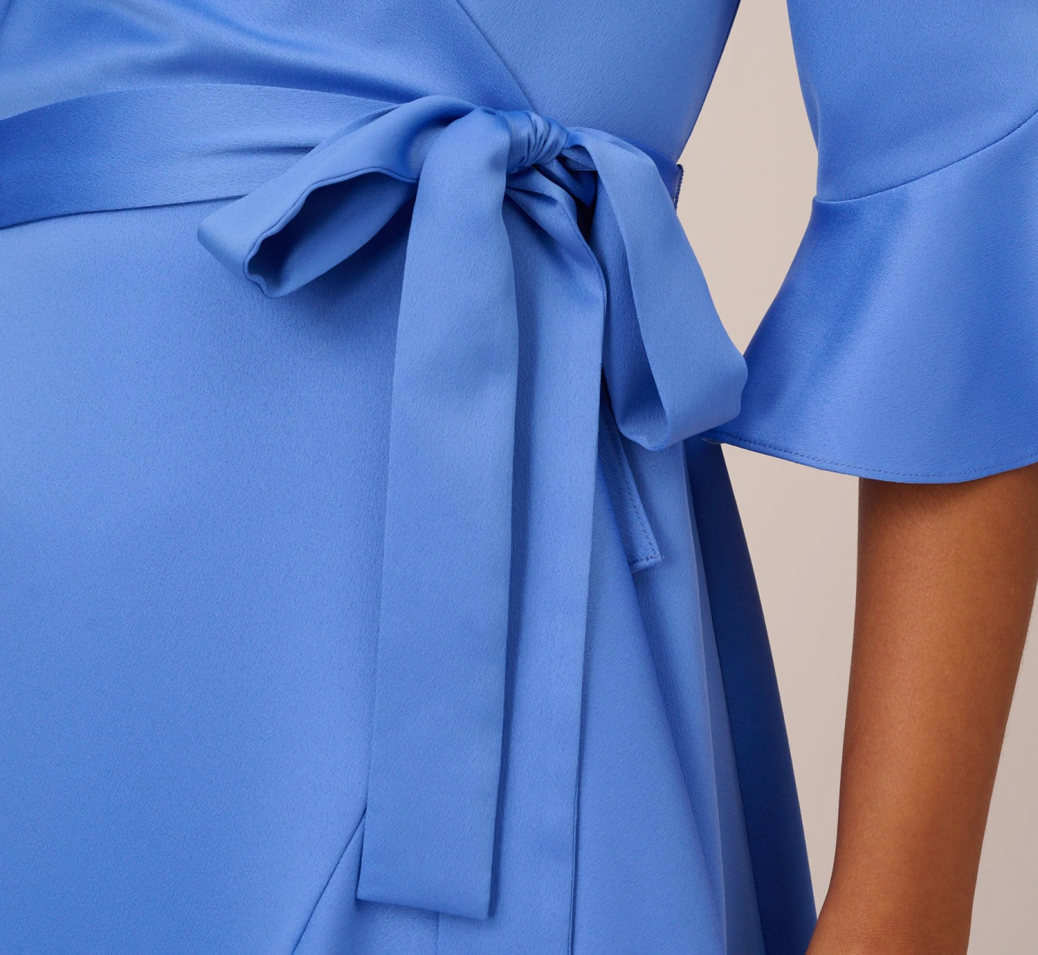 Adrianna Papell Satin Faux Wrap Dress With Ruffled Three-Quarter Sleeves In Precious Peri 3 Adrianna Papell Satin Faux Wrap Dress With Ruffled Three-Quarter Sleeves In Precious Peri - Image 3