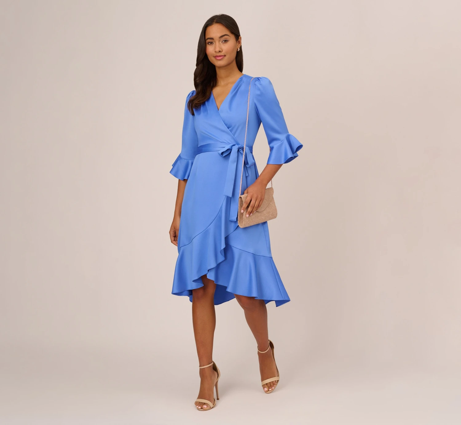 Adrianna Papell Satin Faux Wrap Dress With Ruffled Three-Quarter Sleeves In Precious Peri 2 Adrianna Papell Satin Faux Wrap Dress With Ruffled Three-Quarter Sleeves In Precious Peri - Image 2
