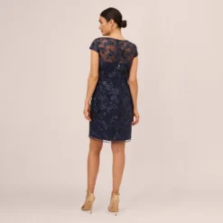 Adrianna Papell Sequin Floral Short Sleeve Dress With Popover In Navy -Glam Mirth Sales AP1D105080 AA412 Regular Back