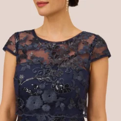Adrianna Papell Sequin Floral Short Sleeve Dress With Popover In Navy -Glam Mirth Sales AP1D105080 AA412 Regular Detail