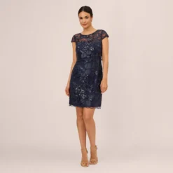 Adrianna Papell Sequin Floral Short Sleeve Dress With Popover In Navy -Glam Mirth Sales AP1D105080 AA412 Regular Front
