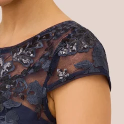 Adrianna Papell Sequin Floral Short Sleeve Dress With Popover In Navy -Glam Mirth Sales AP1D105080 AA412 Regular Lifestyle