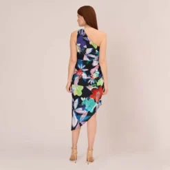 Adrianna Papell Multicolor Floral Jersey Midi Dress With One Shoulder Neckline In Dark Navy Multi 8 Adrianna Papell Multicolor Floral Jersey Midi Dress With One Shoulder Neckline In Dark Navy Multi -Glam Mirth Sales AP1D105082 BF410 Regular Back