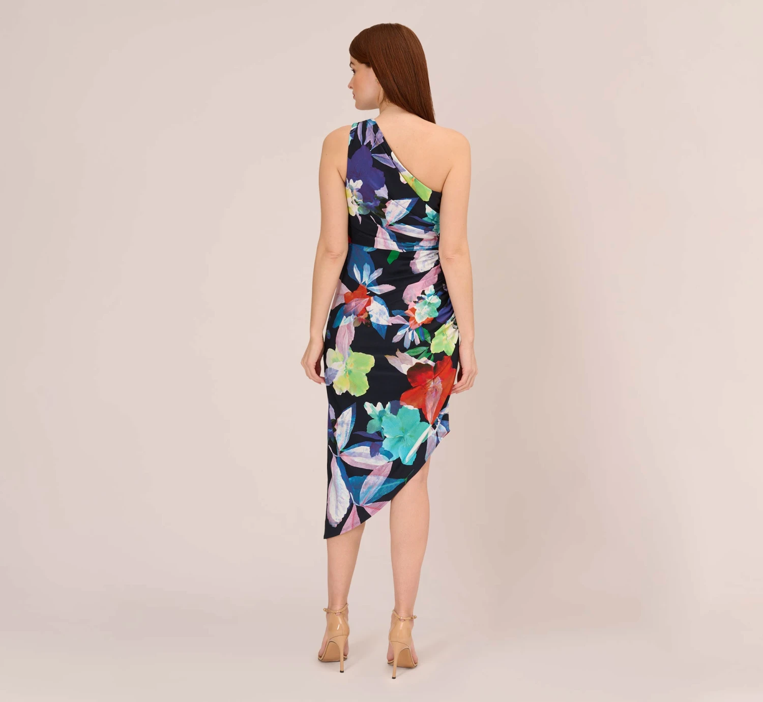 Adrianna Papell Multicolor Floral Jersey Midi Dress With One Shoulder Neckline In Dark Navy Multi 3 Adrianna Papell Multicolor Floral Jersey Midi Dress With One Shoulder Neckline In Dark Navy Multi - Image 3