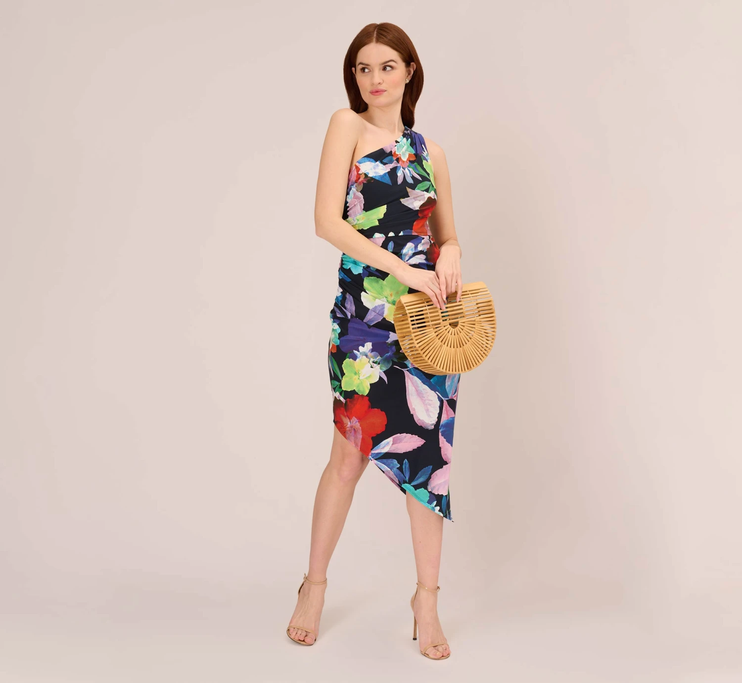 Adrianna Papell Multicolor Floral Jersey Midi Dress With One Shoulder Neckline In Dark Navy Multi 1 Adrianna Papell Multicolor Floral Jersey Midi Dress With One Shoulder Neckline In Dark Navy Multi