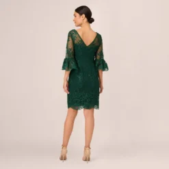 Adrianna Papell Embroidered Sequin Dress With Sheer Bell Sleeves In Deep Forest 10 Adrianna Papell Embroidered Sequin Dress With Sheer Bell Sleeves In Deep Forest -Glam Mirth Sales AP1D105083 AH303 Regular Back