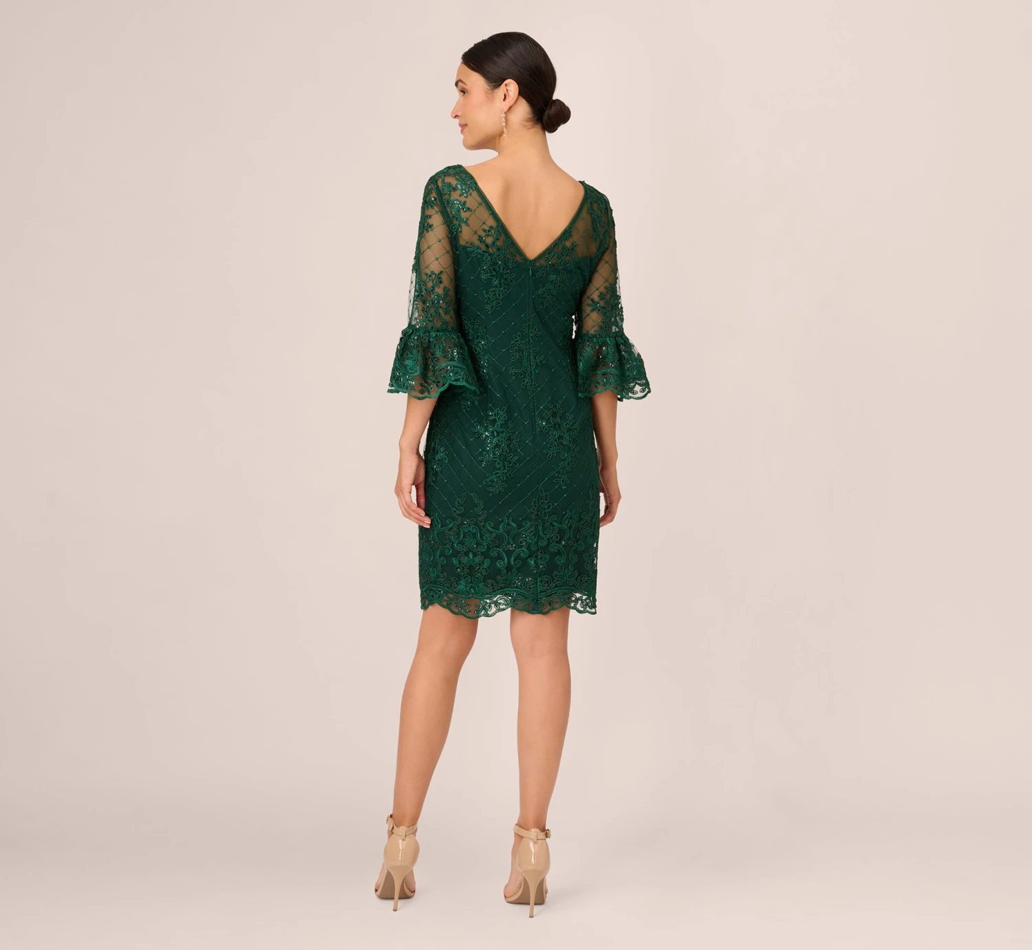 Adrianna Papell Embroidered Sequin Dress With Sheer Bell Sleeves In Deep Forest 4 Adrianna Papell Embroidered Sequin Dress With Sheer Bell Sleeves In Deep Forest - Image 4